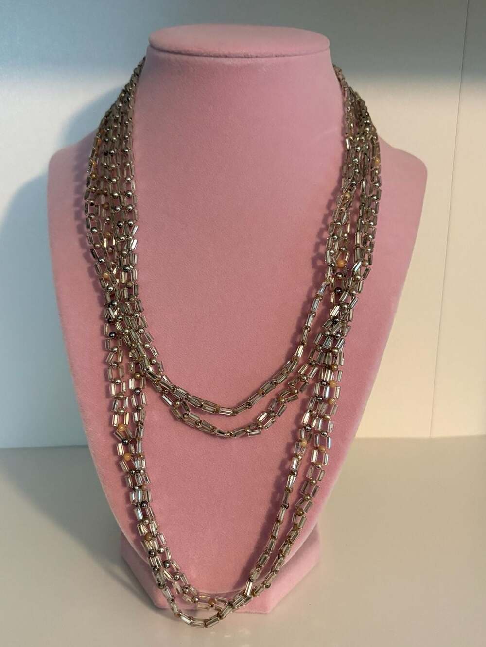 Vintage Long Wrap Silver Tone and Clear Glass Bead Necklace